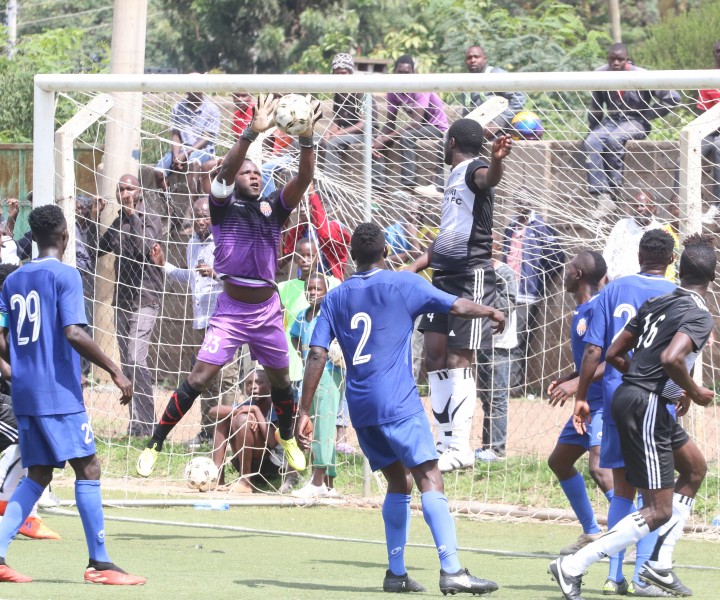 Nairobi City Stars keeper going up for a ball against Migori Youth on Sat 2 Nov 2019 at Camp Toyoyo. City Stars won the game 2-1