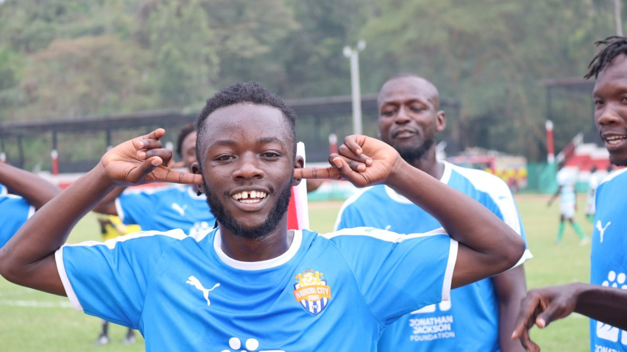 Oliver Maloba celebrates his goal, the second for City Stars in the season opening 2-0 win over Nzoia Sugar FC at Narok Stadium on Sun 29 Nov 2020