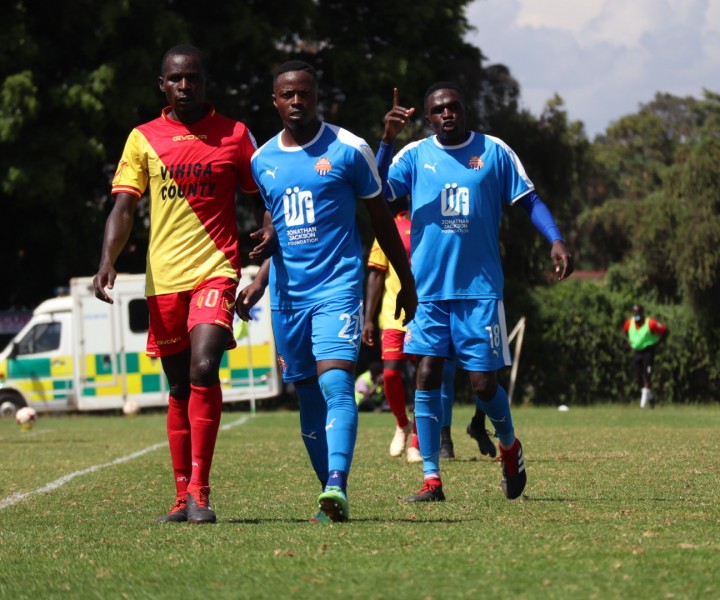 Nairobi City Stars shared spoils (1-1) with Vihiga United in a fifth round Premier League game on Wed 22 Dec 2020 at Utalii grounds. Pictured - goal scorer Sven Yidah (18)and Azizi Okaka (21)