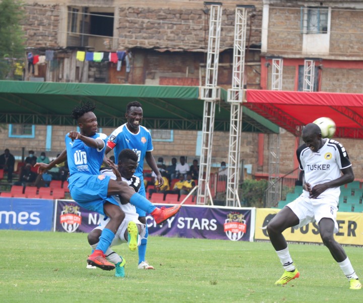 Nairobi City Stars striker Erick Ombija supported by skipper Anthony Kimani during a first leg clash against Tusker at Utalii on 21 March 2021.The game ended 2-2