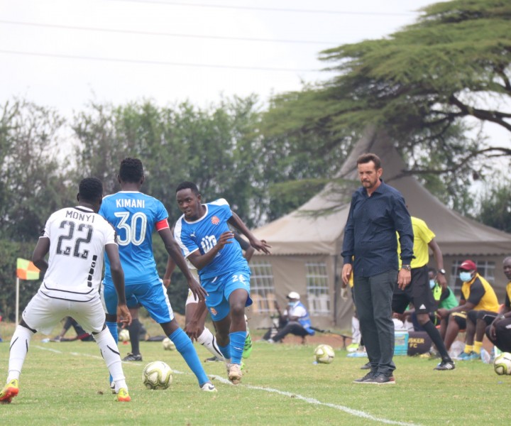 Nairobi City Stars left back Bolton Omwenga supported by skipper Anthony Muki Kimani during a first leg clash against Tusker at Utalii on 21 March 2021.The game ended 2-2