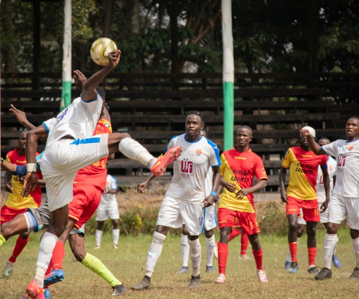 City Stars attempts a header during a round 27 Premier League tie against Vihiga United at the ASK Showground in Nakuru on Wed 21 July 2021. The tie ended 0-0