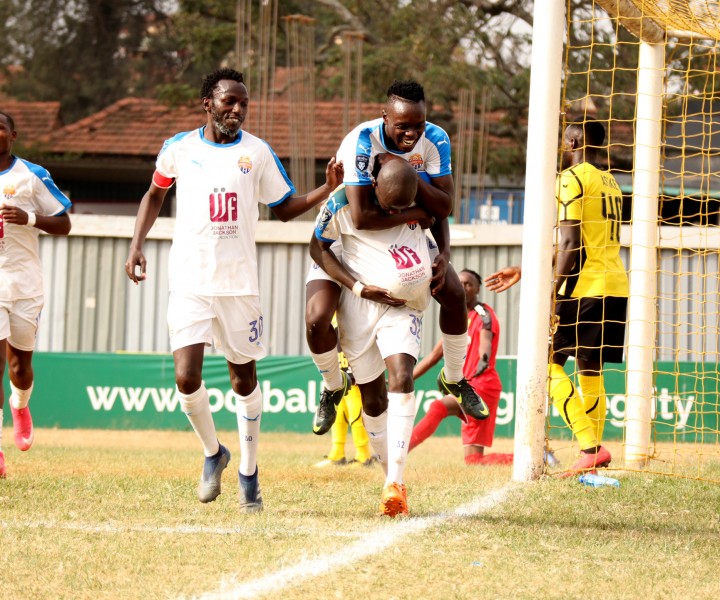 Midfielder Timothy Ouma celebrates with scorer Ezekiel Odera celebrates a 53rd minute goal that handed Nairobi City Stars a 1-0 win over Tusker on Fri 30 July 2021 in Ruaraka
