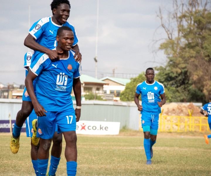 Nicholas Kipkirui celebrates a second goal for Nairobi City Stars in a round 30 game played in Ruaraka on Tue 3 Aug 2021. City Stars won the game 2-1