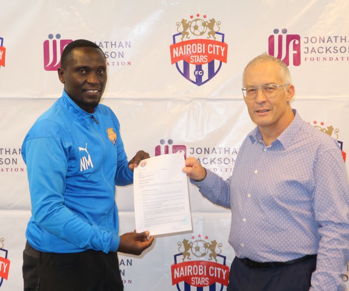 Nicholas Muyoti being unveiled as the new Nairobi City Stars coach by club chair Jonathan Jackson