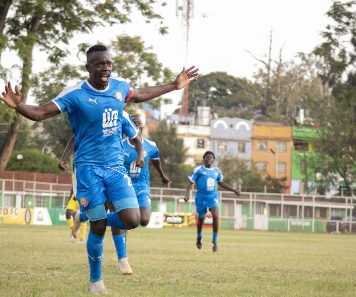 City Stars stopper Kenedy 'Vidic' Onyango clebrates his maiden league goal during a 3-1 win over Wazito on Thur 21 Oct 2021 at Thika Stadium