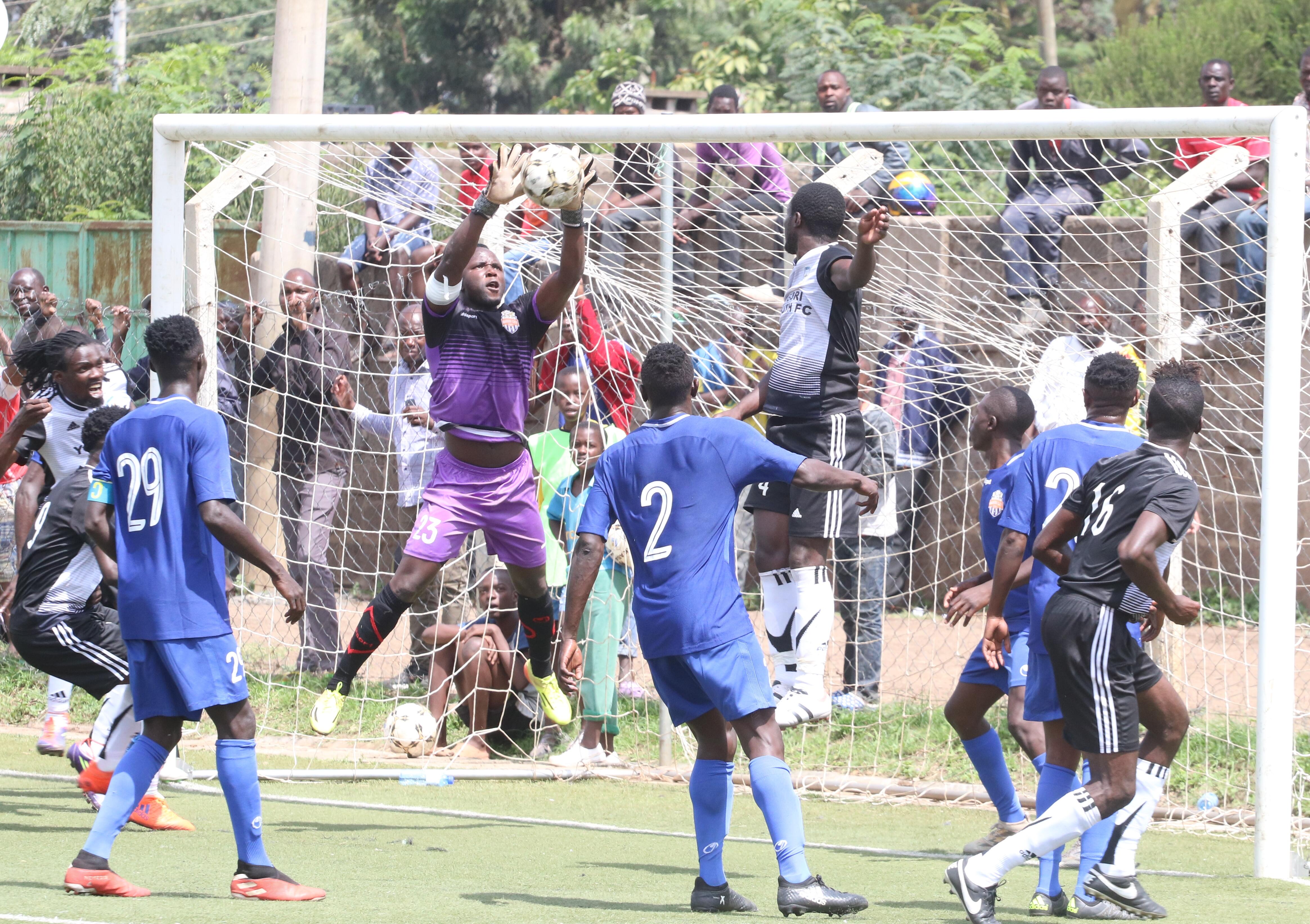 Nairobi City Stars keeper going up for a ball against Migori Youth on Sat 2 Nov 2019 at Camp Toyoyo. City Stars won the game 2-1