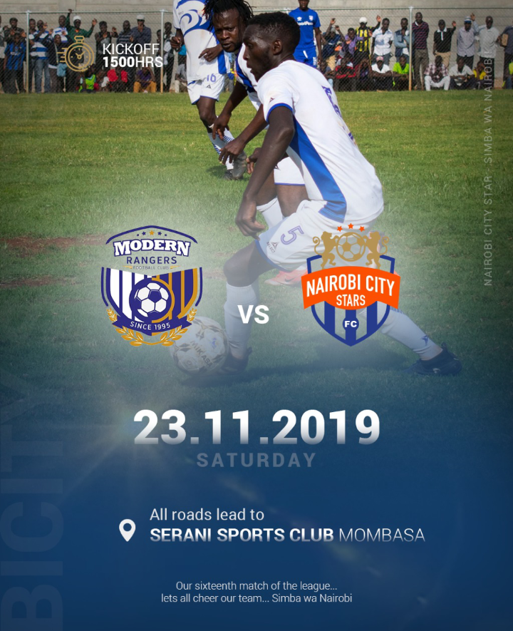 Nairobi City Stars has never beaten Modern Coast in Mombasa in their last three visits. The two face off at Serani Sports Club on Sat 23 Nov 2019 in a round 16 NSL tie