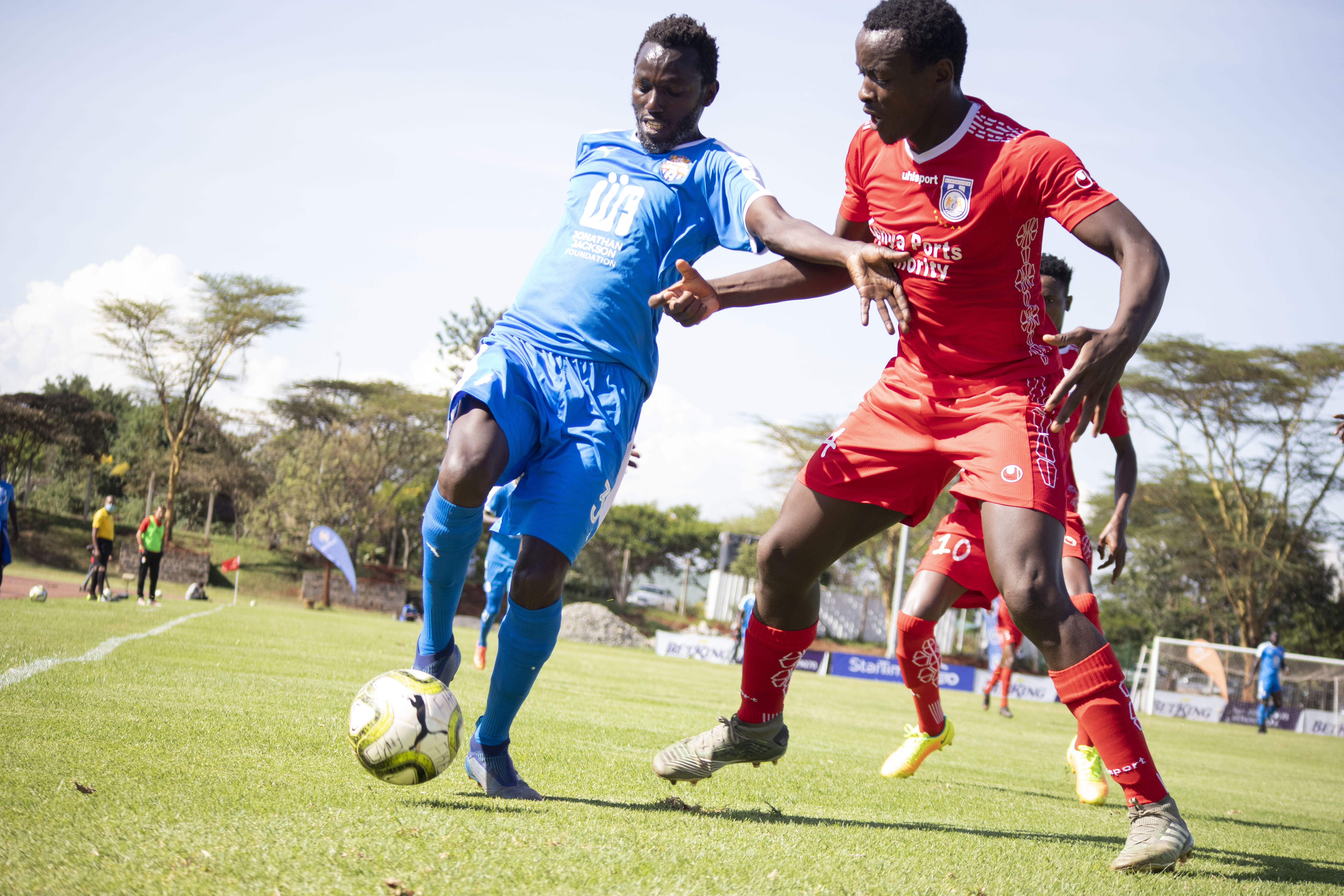 Skipper Anthony Kimani shields the ball from a Bandari player as the two faced off on Fri 11 Dec 2020 during a third round Premiership tie at Kasarani. City Stars won 2-0