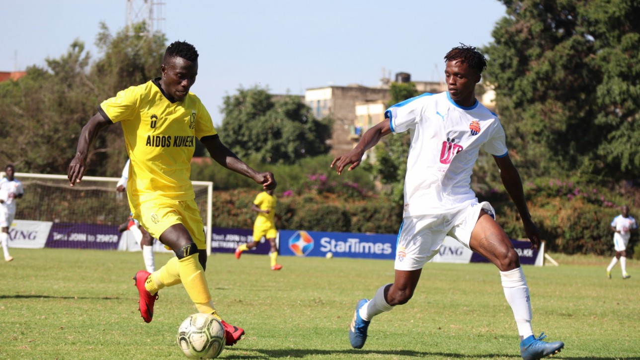 Nairobi City Stars left back Herit Mungai takes on a Wazito player during a 6th round Premier League game played at Utalii Grounds on Sun 3 Jan 2021. Wazito won 2-1