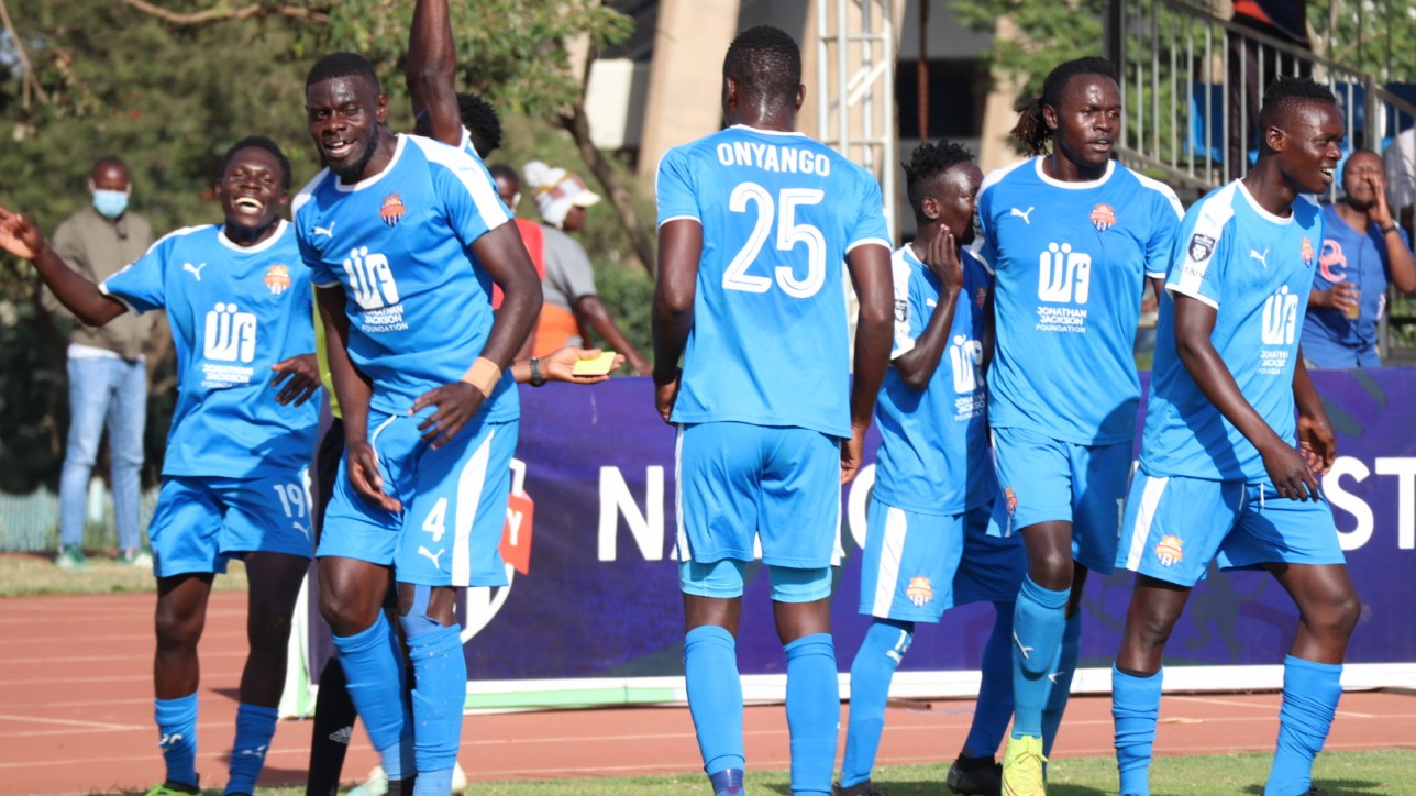 Nairobi City Stars players celebrate a second goal scored by Rodgers 'Ókuse' Okumu against Mathare United at Kasarani on Tue 2 March 2021. City Stars won the game 2-0
