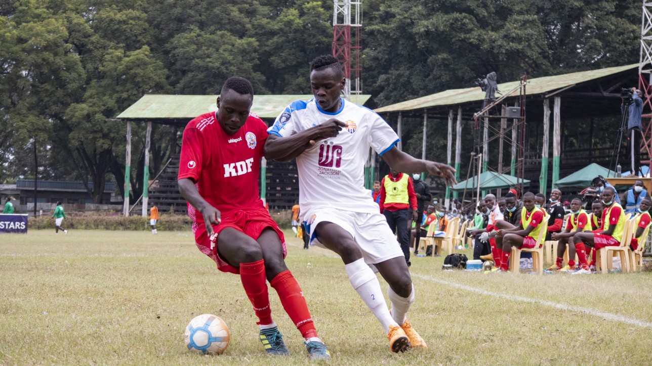 Elvis Noor Ojiambo has a go at Ulinzi Stars' Brian Birgen during a matchday 25 Betking Premier League tie at the ASK Showground in Nakuru on Sat 10 Jul 2021. Nairobi City Stars won the game 2-0