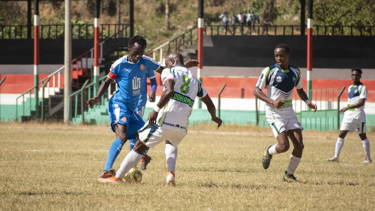 Captains affair; Anthony 'Muki' Kimani of City Stars vs his counterpart Dennis Odhiambo of KCB in a season-ender on Aug 22 Aug 2021 in Narok. KCB won the game 3-0
