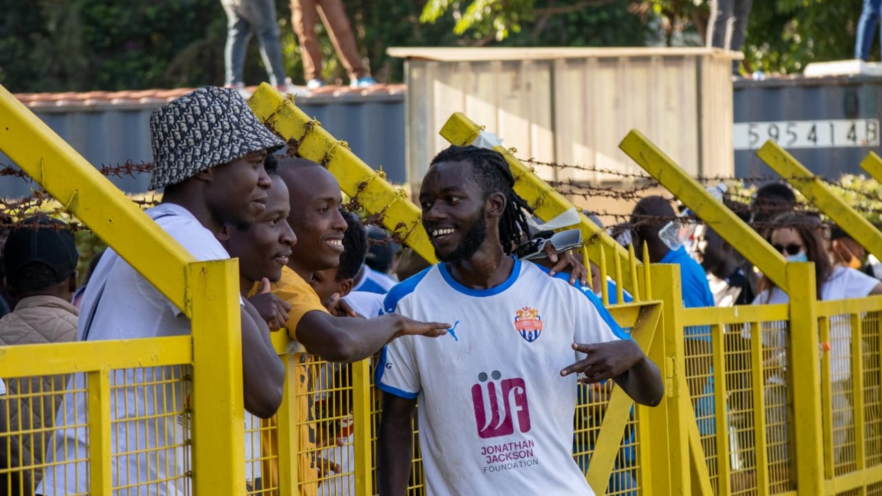 Man of the moment Oliver Maloba with fans after his goal secured a 1-0 win over Tusker in Ruaraka on Sun 16 Jan 2022