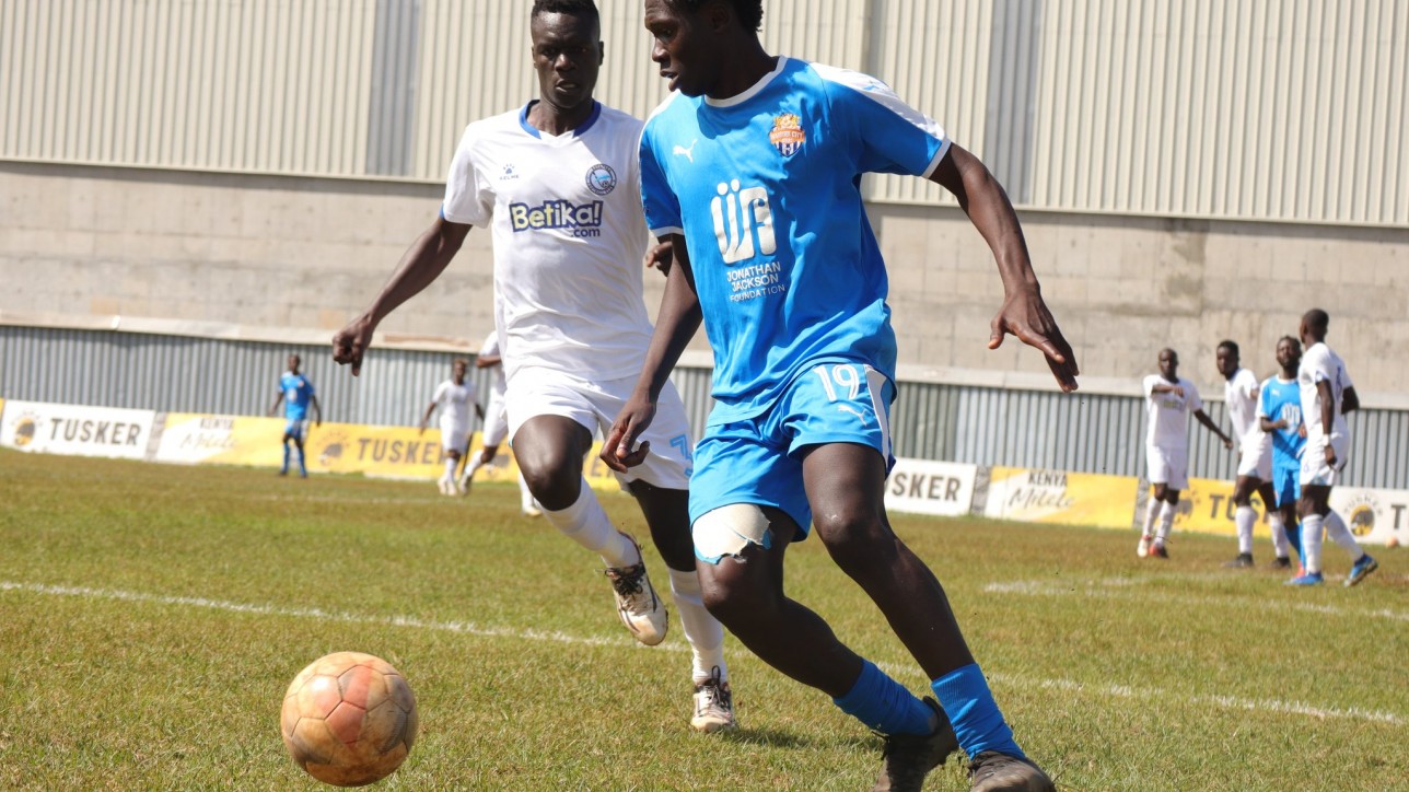 Kevin Okumu of Nairobi City Stars vs a Sofapaka player during an FKF Premier League round 27 tie in Ruaraka on Sat 23 Apr 2022. Sofapaka won 2-0