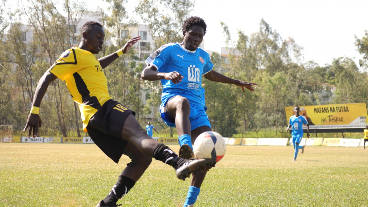 Nairobi City Stars right-back cum right-winger Kevin 'Chumsy' Okumu taking on Tusker FC's Stewart Omondi during a matchday 30 FKF Premier League clash in Ruaraka on Sun 15 May 2022. It ended 0-0
