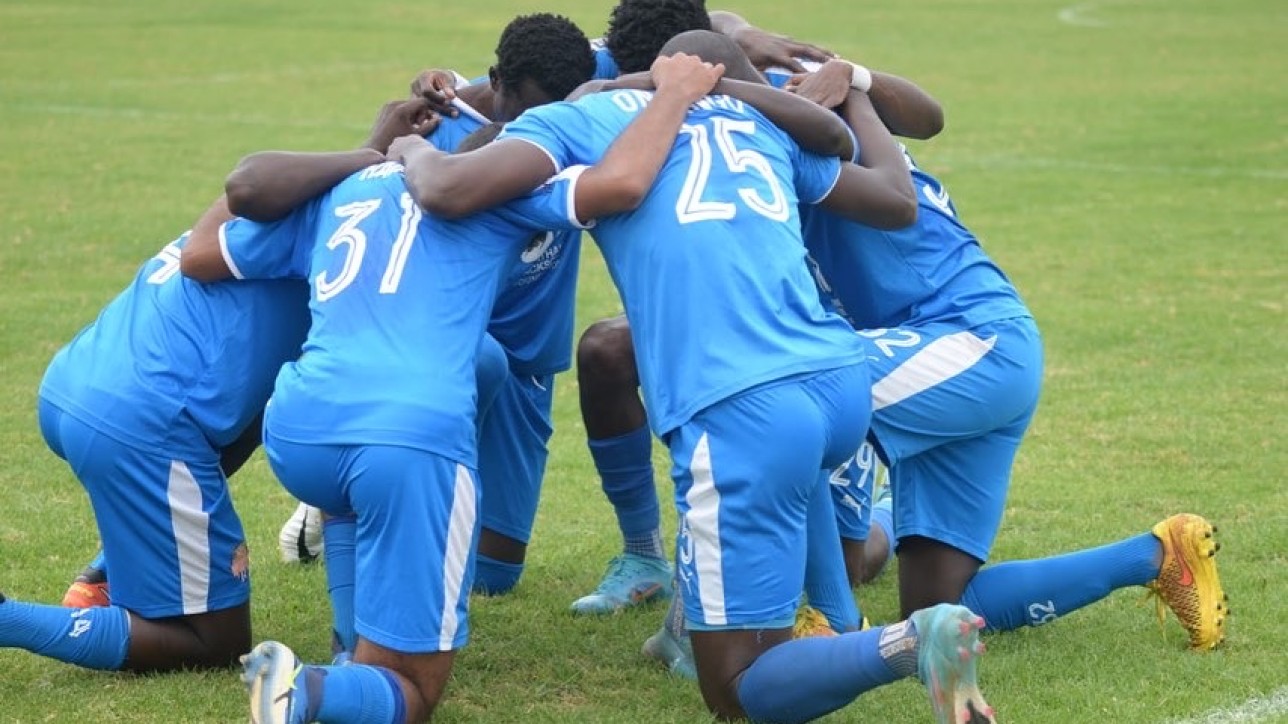 Nairobi City Stars players celebrate a goal against FC Talanta in the 34th and final game of the 2021/22 Premier League at Kasarani Annex on Sun 12 Jun 2022