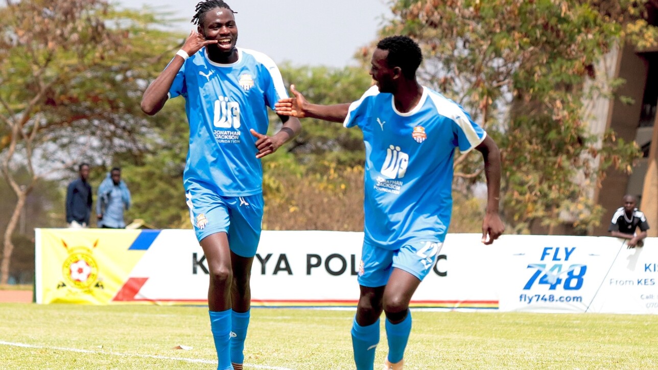 City Stars forward Vincent Otieno Okoth aka Jamaica celebrating one of his two goals against Kariobangi Sharks during the semis of Elite Pre-season Cup tie at Kasarani Annex on Thur 29 Sep 2022. He score a brace