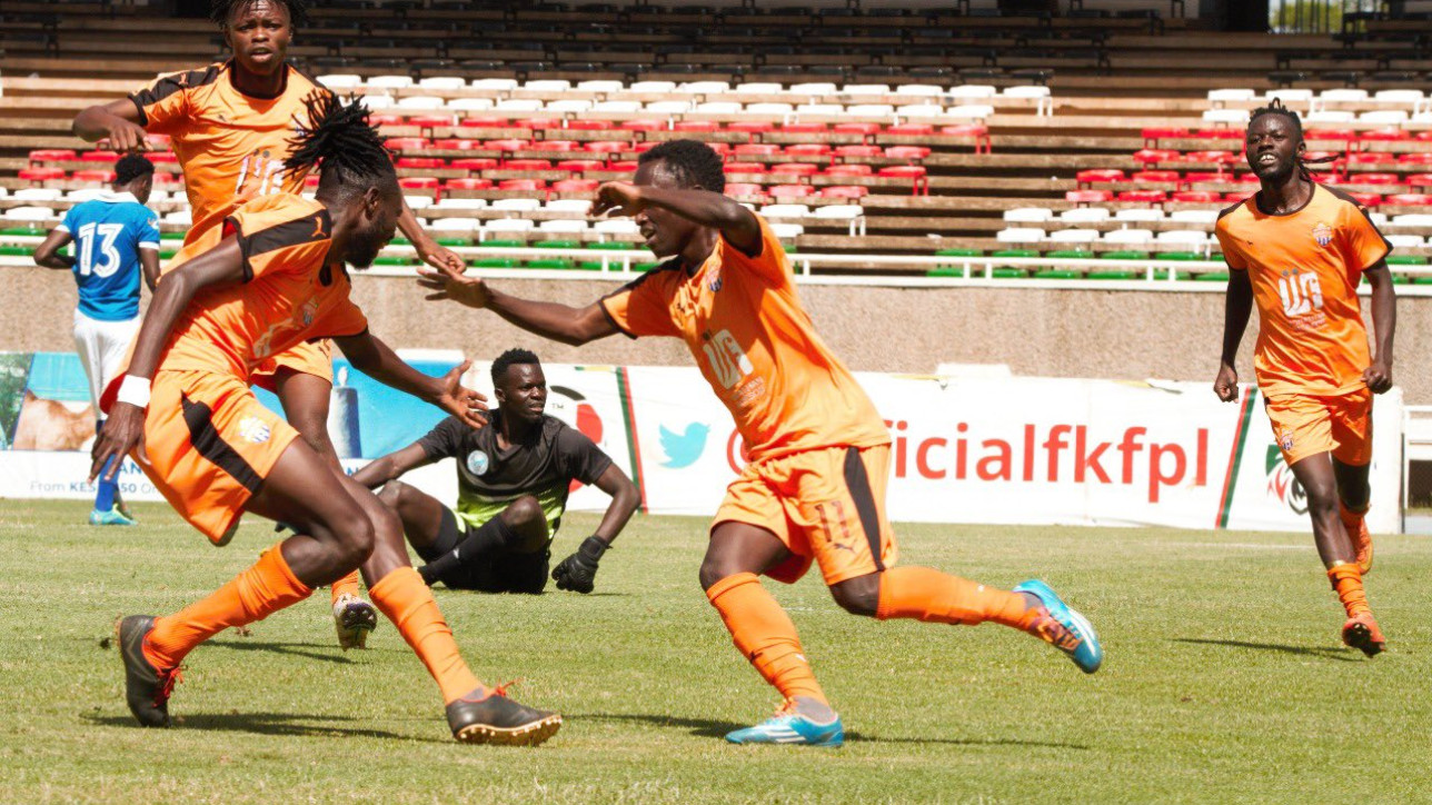 Substitute Andrew Kisilu celebrates with team mates what became the winning goal in the 78th against Sofapaka on Sat 14 Jan 2023 in Kasarani. City Stars won 2-1
