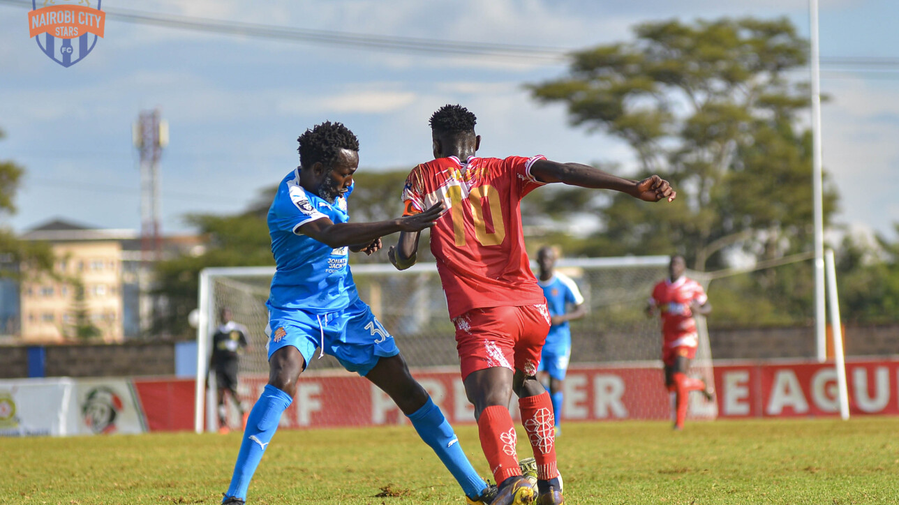 Anthony Kimani up against Duke Abuya of Kenya Police during a matchday 24 tie in Police Sacco Stadium on Wed 12 Apr 2023. Police won the tie 4-2