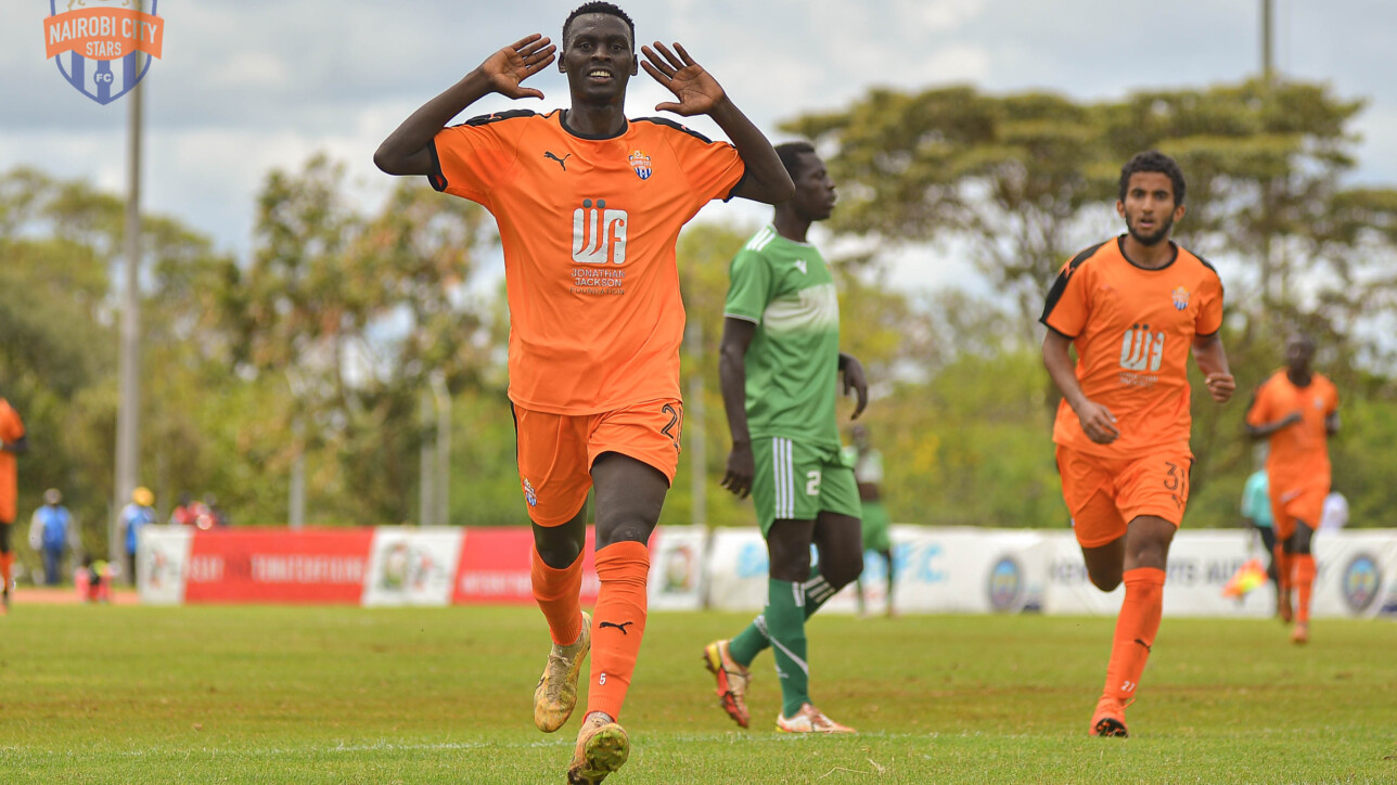 Forward Kelvin Etemesi celebrates one of two goals against Vihiga Bullets in Kasarani Annex on 16 April 2023 during a Premier League game. City Stars won the game 5-2