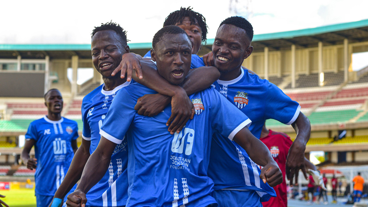 Nairobi City Stars players celebrate one of 3 goals scoted against AFC Leopards in Kasarani on Sat 4 Nov 2023 during a matchday ten 2023/24 FKF Premier League clash. City STars won it 3-2