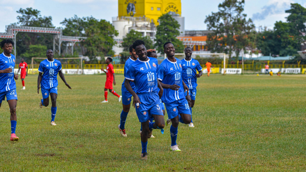 Robinson Asenwa celebrates his goal against Bandari during a match day 14  tie in Ruaraka on Sat 9 Dec 2023. City Stars won it 1-0