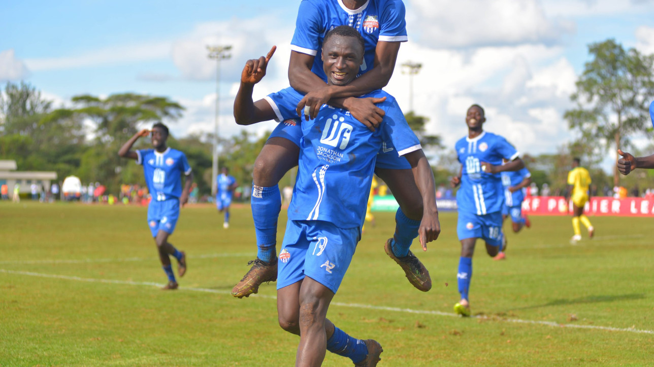 Vincent Owino celebrates on of his two goals against Kariobangi Sharks on Sat 25 Nov 2023 in Kasarani Annex. City Stars won the game 3-1