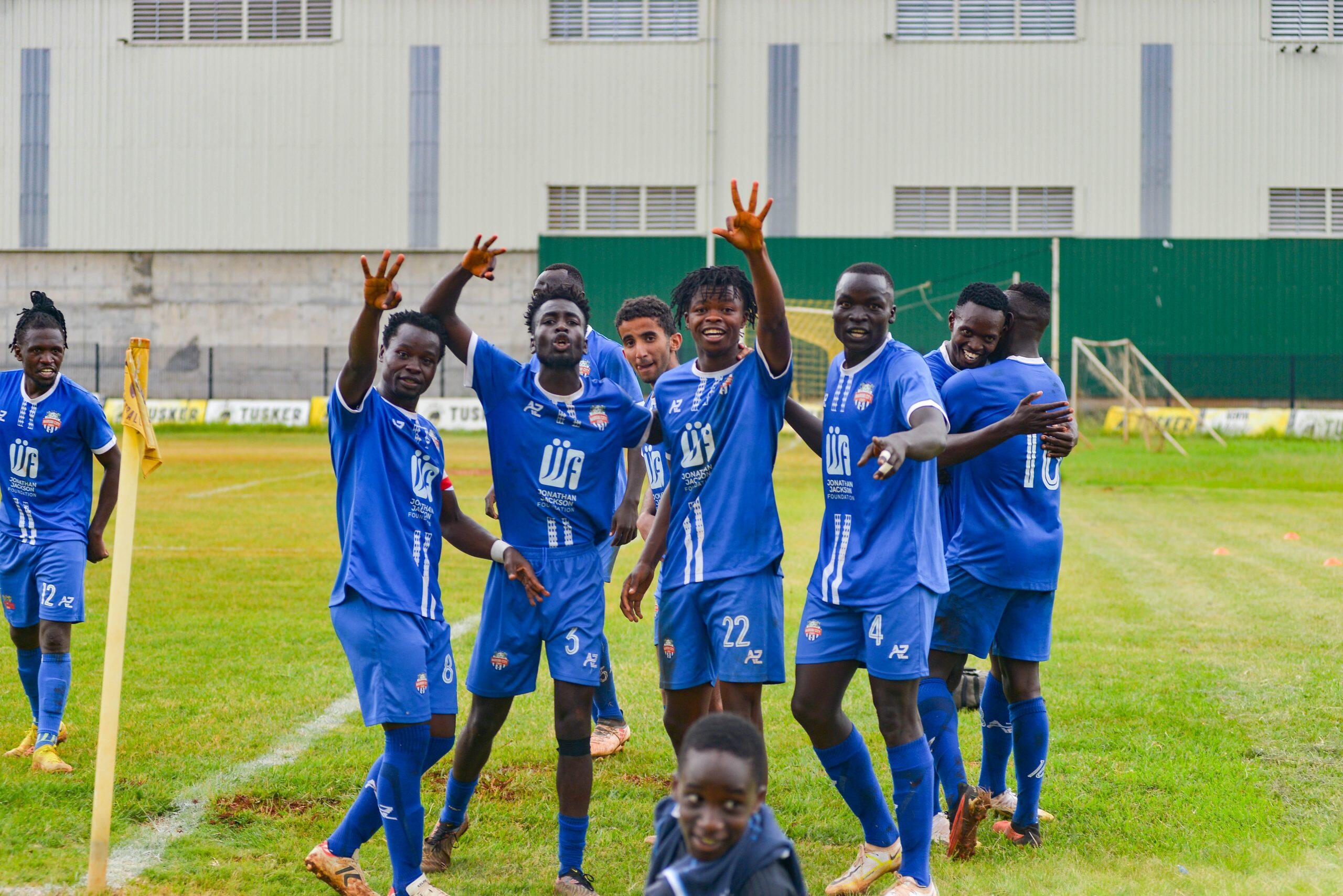 Nairobi City Stars players celebrate third goal vs FC Talanta on Sat 6 Jan 2024 in Ruaraka during a matchday 17 FKF Premier League tie. City Stars won it 3-0