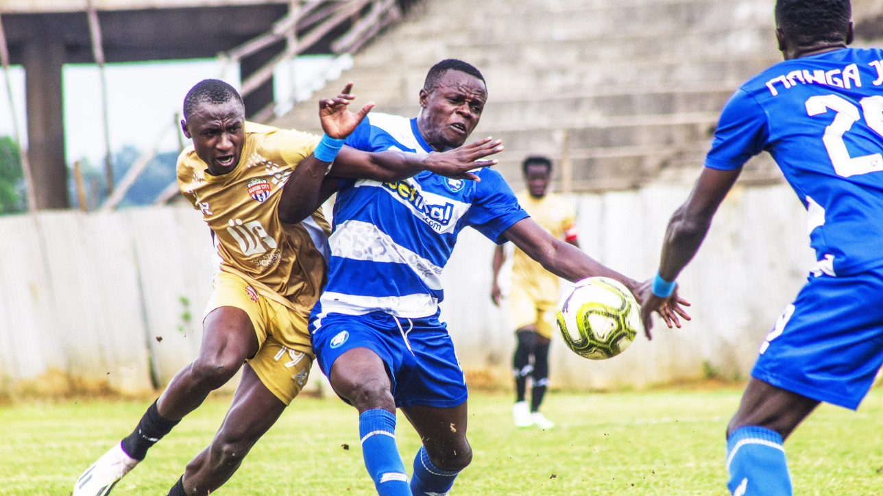 Vincent Owino vs AC Leopards on Sun 21 Jan 2024 in Bukhungu Stadium during a matchday 19 FKF Premier League match. Leopards won 2-0
