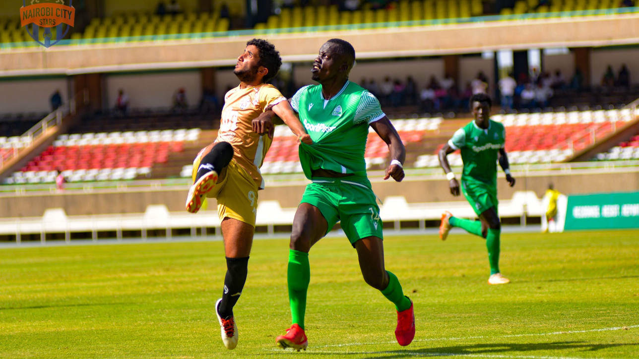 Centreback Kenedy Vidic Onyango up against City Stars forward Mohammed Bajaber in Kasarani on 17 Sep 2023 during a matchday 3 tie. Gor won it 4-1