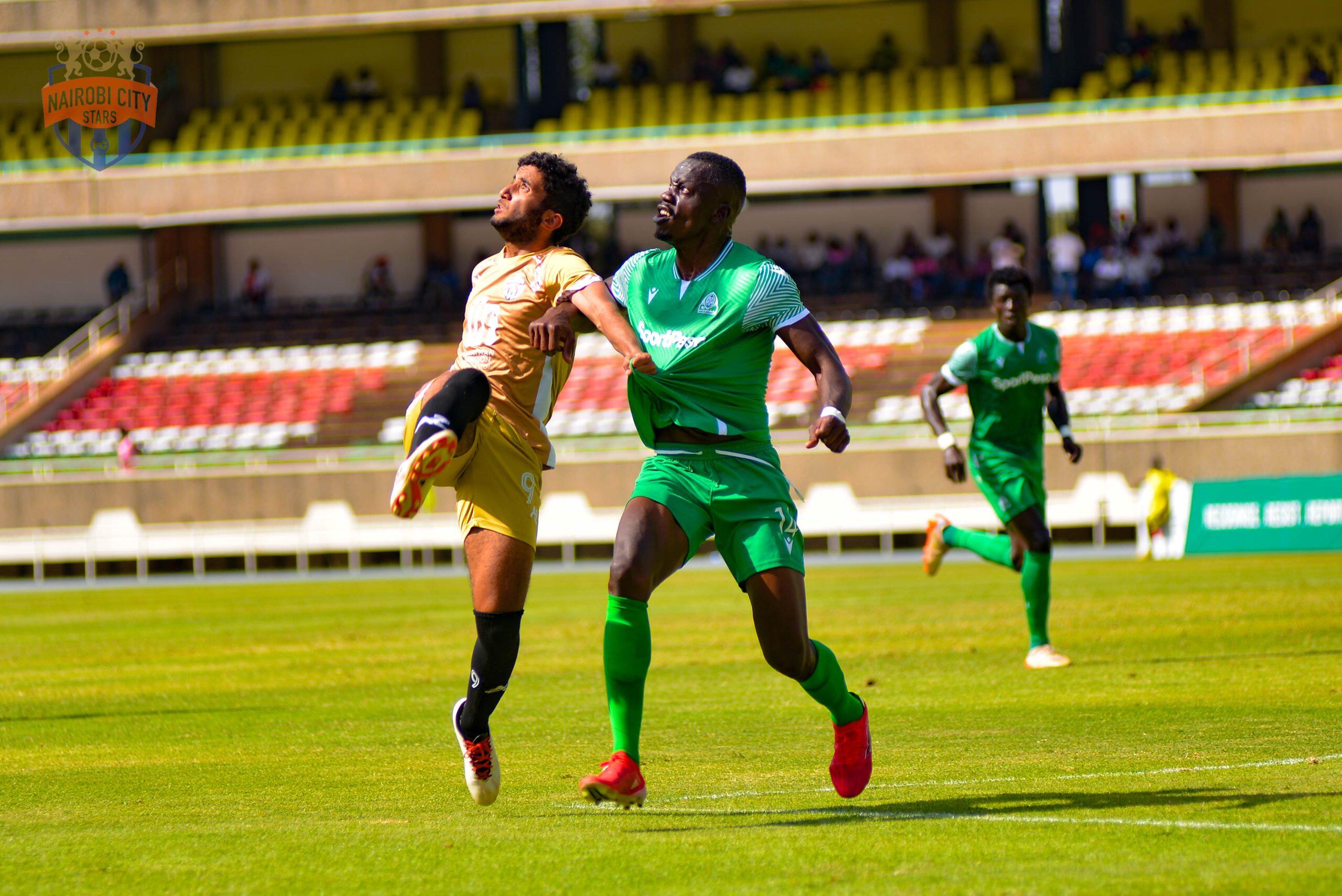Centreback Kenedy Vidic Onyango up against City Stars forward Mohammed Bajaber in Kasarani on 17 Sep 2023 during a matchday 3 tie. Gor won it 4-1