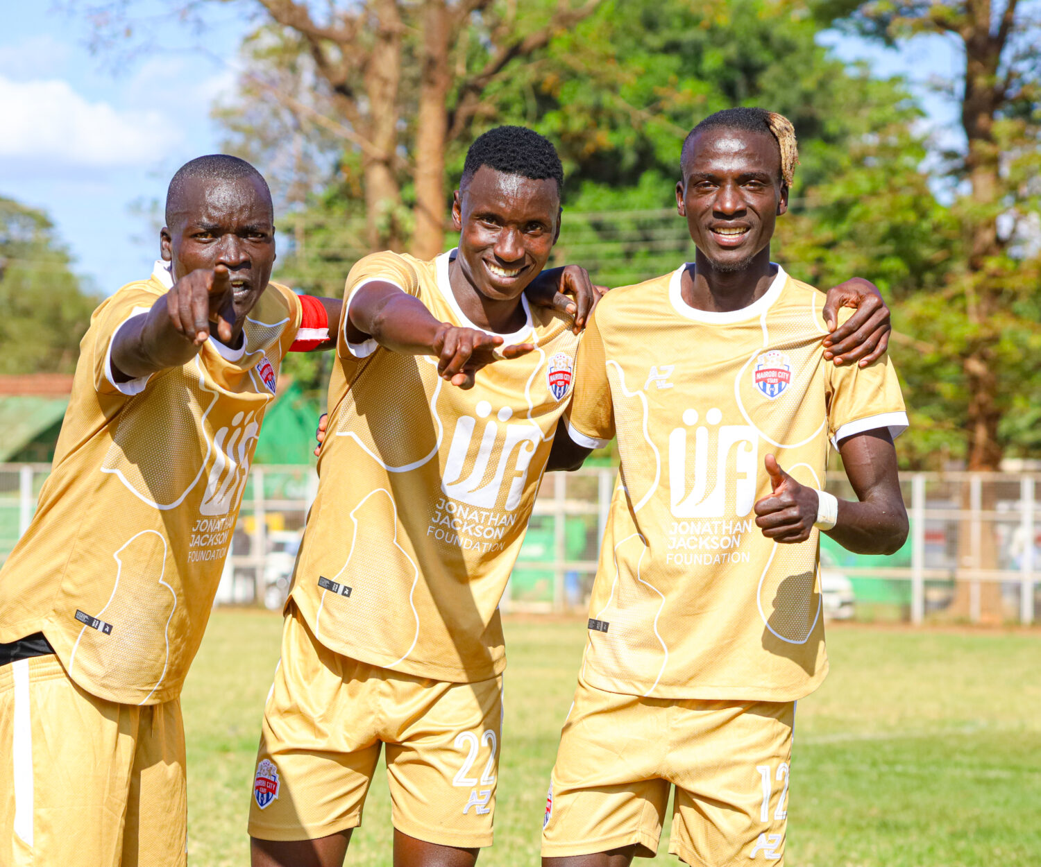 City Stars trio of Timothy Muganda, Stephen Bulugu and Joshua Amunike celebrate a goal against Kabati Youth on Thika Stadium on Sun 12 Oct 2025. Amunike's lone strike led to Simba wa Nairobi's 1-0 win